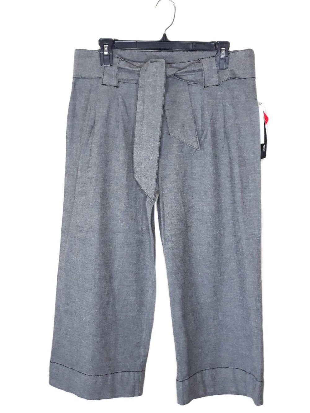 Straight Leg Capri Pants Belted Cotton Tailored Minimalist Gray New